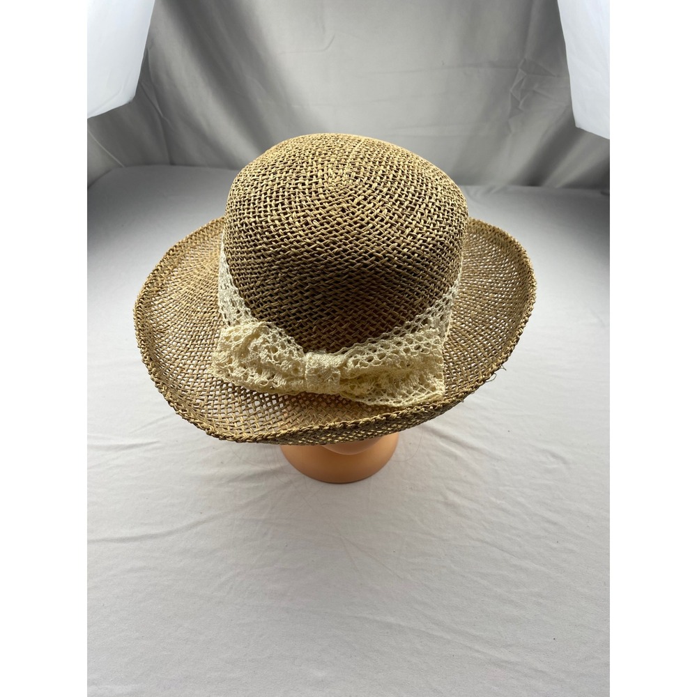 Woven Straw Sun Hat with Cream Crochet Lace Bow‎ Trim Tan Summer Beach Hat